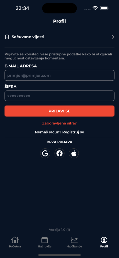 Login and registration screen of the Tuzlanski.ba news app profile page showing email and social login options.