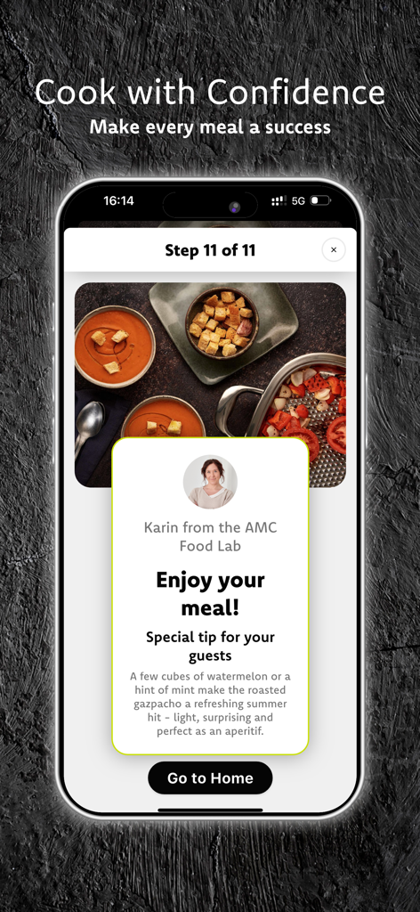 AbyAMC Cook & Go - AbyAMC Cook and Go app showing a completed recipe screen with a serving tip from the AMC Food Lab