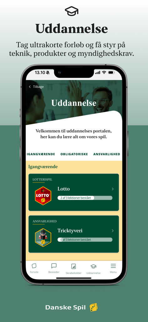 Forhandler App Danske Spil - Schermata di formazione dell'app Danske Spil Rivenditori che mostra corsi per la vendita al dettaglio per Lotto e prevenzione dei furti.