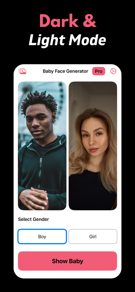 Baby Face Generator: AI Future - Interface of the Baby Face Generator app showing photo selection and baby gender options