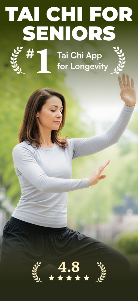 A woman practicing a Tai Chi pose in a park with text overlay saying Tai Chi for Seniors