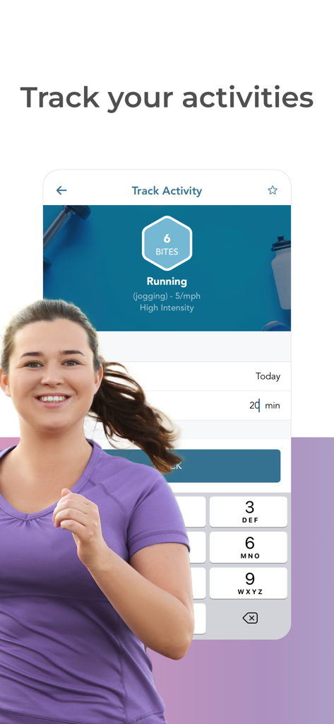Healthi: Weight Loss, Diet App - A woman jogging next to a mobile phone screen displaying the Healthi app activity tracker for logging exercise.