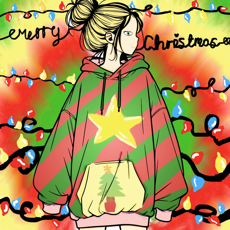 realistic girl with a oversized sweatshirt on and a bun