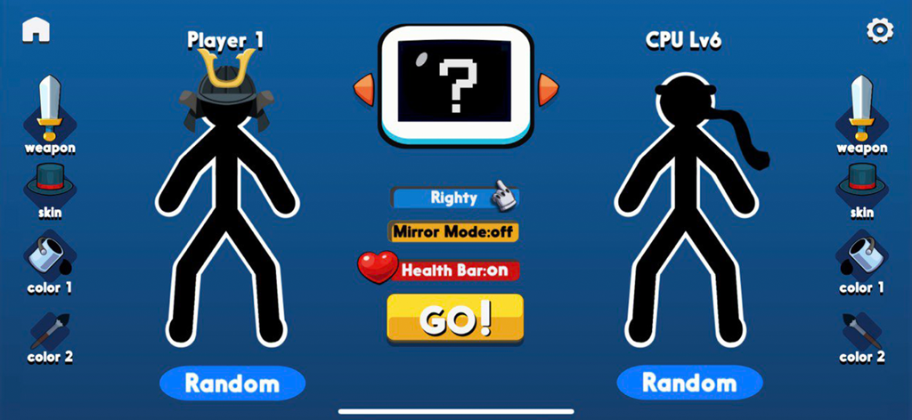 Character selection and customization menu in Supreme Duelist 2021 showing two stickman fighters