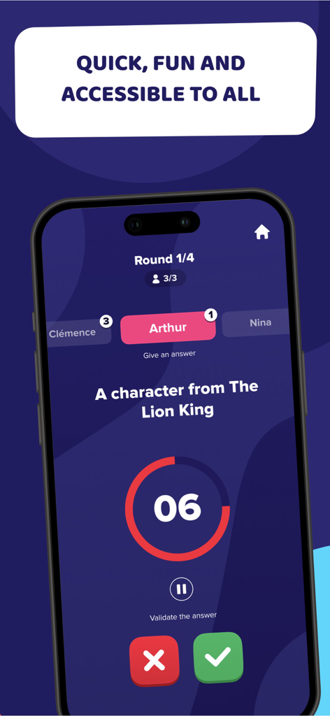 Crack Party Games - Crack Party Games app interface showing a trivia round with a timer and question about The Lion King characters
