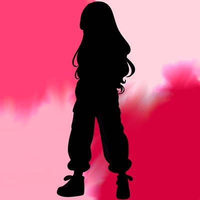 girl in baggy pants crop top and long hair
