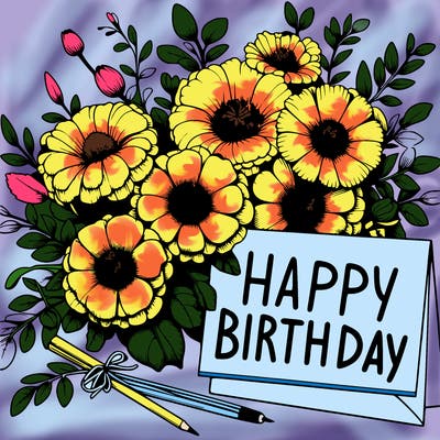 realistic flowers with a card saying happy birthday