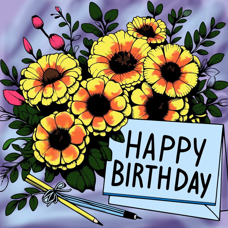 realistic flowers with a card saying happy birthday