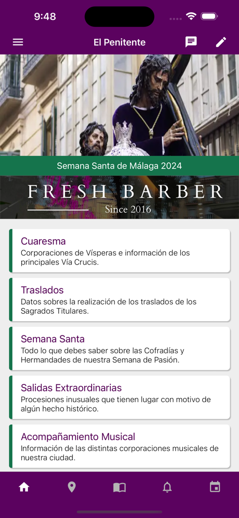 Menu principal de l'application El Penitente montrant les catégories pour la Semaine Sainte à Malaga