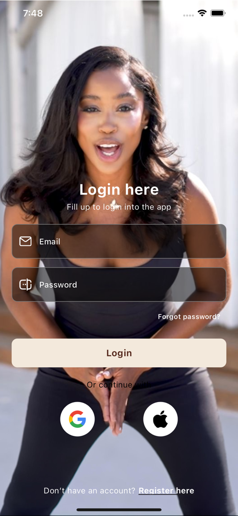 CURVD by Capri Curves - CURVD by Capri Curves mobile app login page featuring email and social sign-in options over a background of the fitness founder.