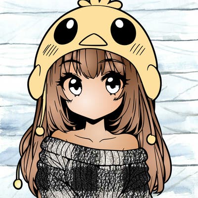 anime girl with chick shaped hat with sweater with bare shoulders with bangs covering them one eye with low tail