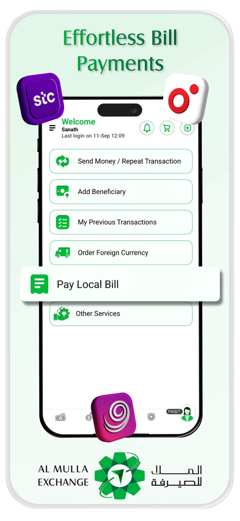 Al Mulla Exchange - Schermata dell'app mobile Al Mulla Exchange che mostra le opzioni per trasferimenti di denaro, ordini di valuta estera e pagamenti di bollette locali.