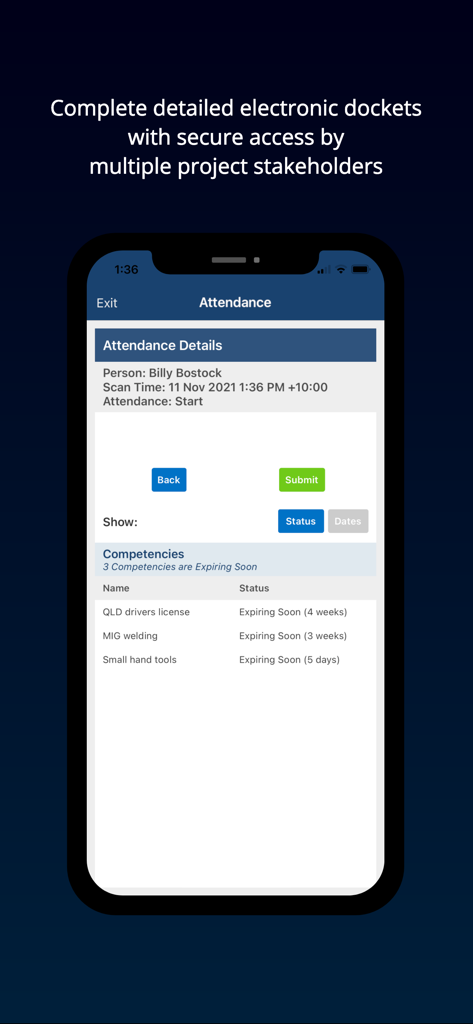 Smartphone screen displaying worker attendance details and license competencies in the SYNCHRO Perform app.