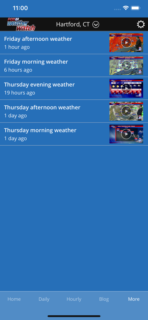 Fox61 Weather Watch app interface showing local video weather updates for Hartford Connecticut