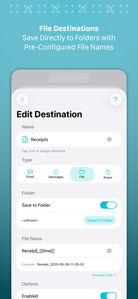 Simple Scan • Quick Scanner - Interfaccia di Simple Scan per l'impostazione della denominazione automatica dei documenti e delle destinazioni delle cartelle.