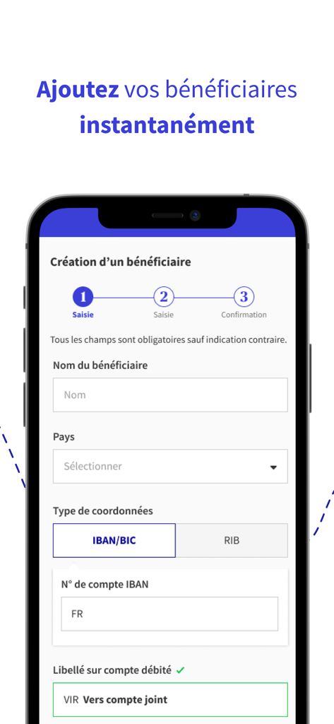 AXA Banque - Interface de l'application AXA Banque montrant les étapes pour ajouter un nouveau bénéficiaire bancaire