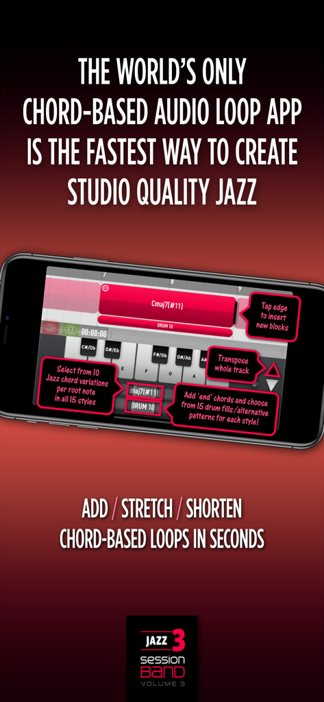 SessionBand Jazz 3 - SessionBand Jazz 3 app interface for creating studio quality jazz tracks with chord based loops
