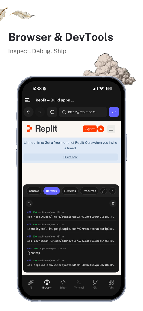Lunel - Lunel mobile development environment showing integrated browser and developer tools for inspecting and debugging.