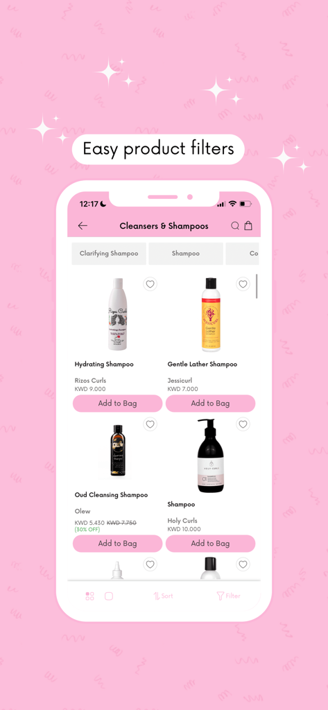 Shop Curls - Shop Curls app interface showing a list of hair cleansers and shampoos with easy product filters