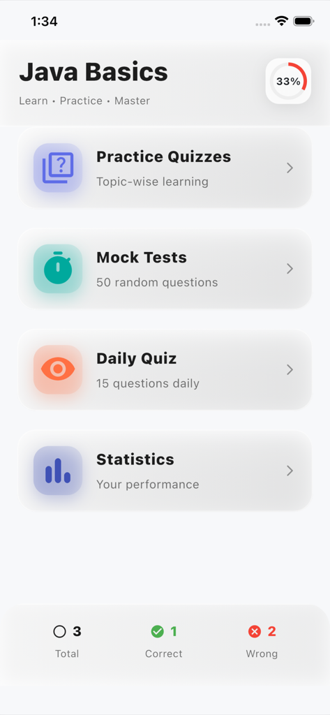 Java Basics Quiz Pro - Java Basics Quiz Pro app dashboard featuring options for practice quizzes, mock tests, and performance statistics.
