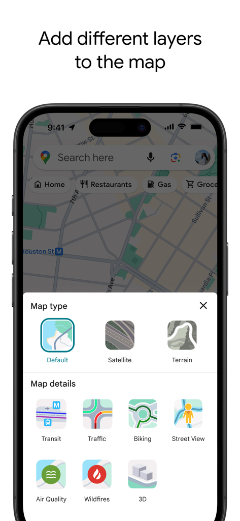 Auswahlmenü für Google Maps-Ebenen, einschließlich Satelliten- und ÖPNV-Ansichten