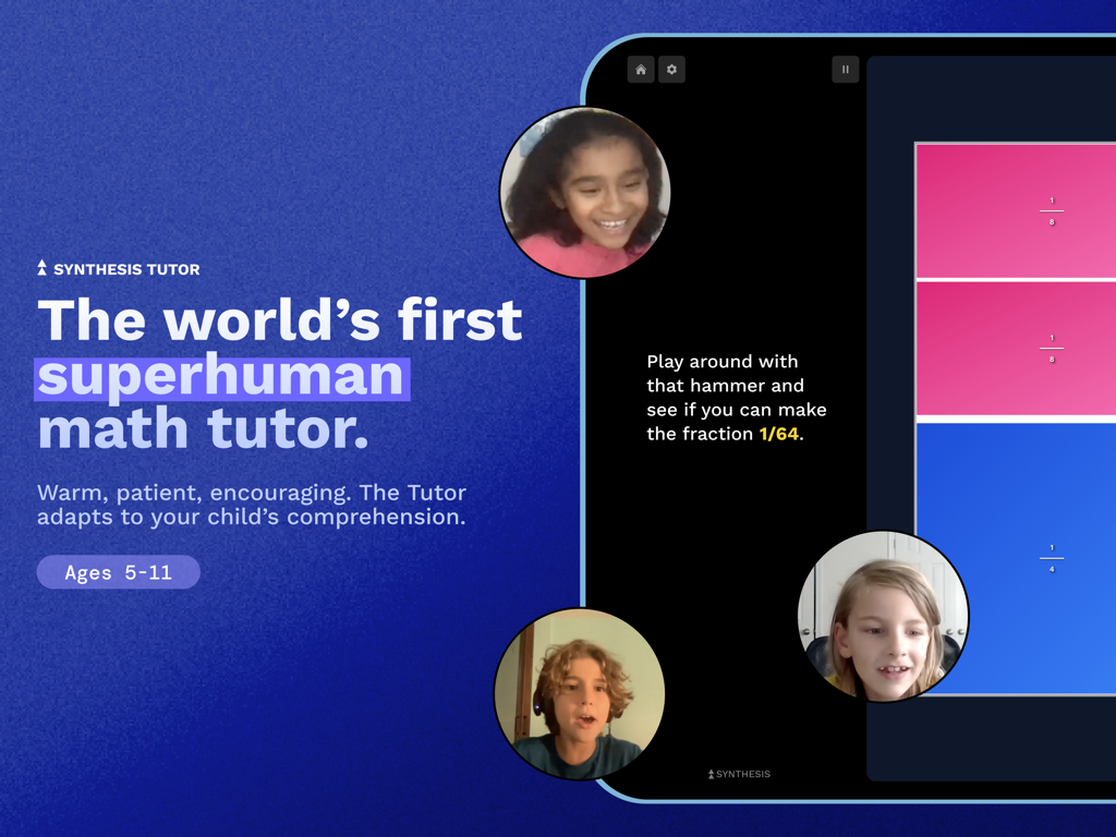 Synthesis Math Tutor - Interfaz de la aplicación Synthesis Math Tutor que muestra una lección adaptativa de IA para niños de 5 a 11 años