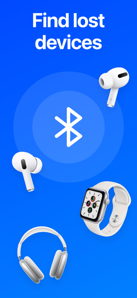 Find my Pods & Device - Graphic showing AirPods, Apple Watch and Bluetooth icon with text Find lost devices