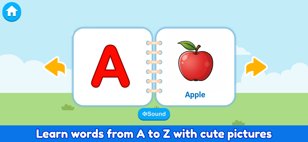 ABC Alphabet - Phonics A to Z - Une carte flash éducative montrant la lettre A à côté d'une illustration d'une pomme.