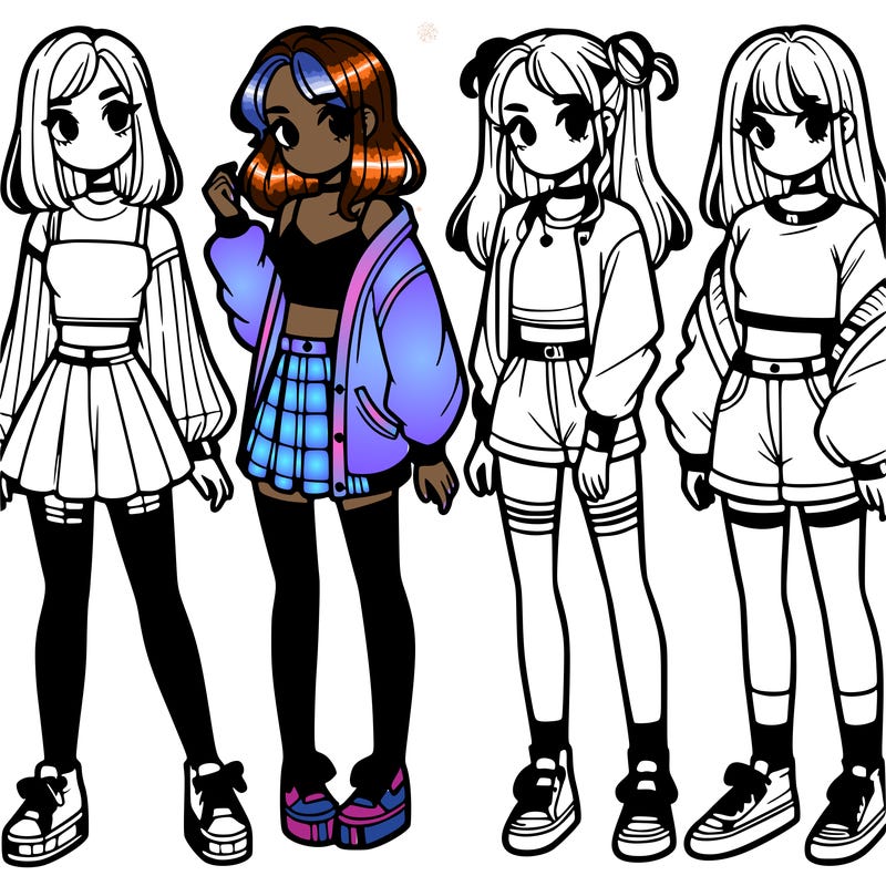 one girl with crop-top shirt and a jacket with a skirt, long socks and another girl with a shirt and pants with a jacket