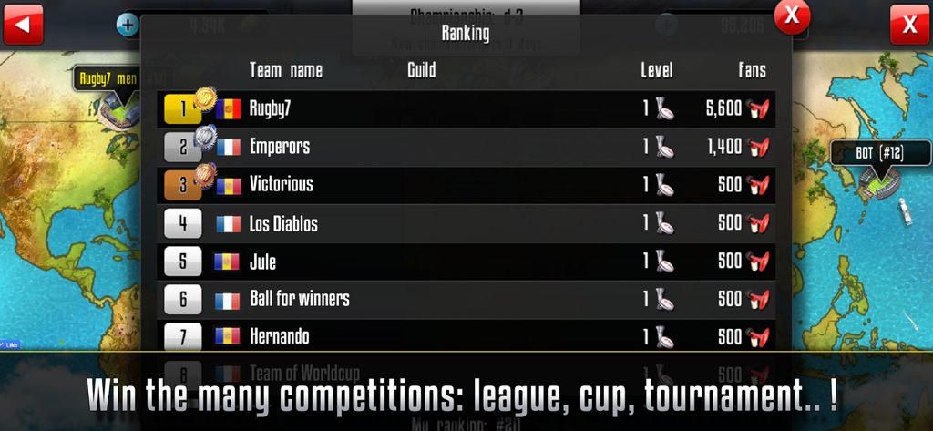 Leaderboard ranking of rugby teams showing team names levels and fan statistics.