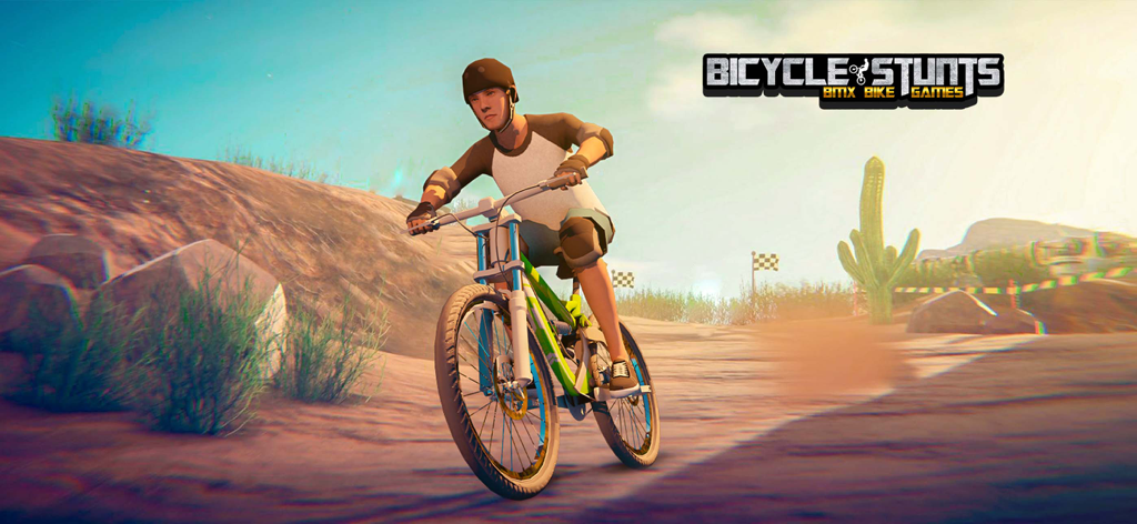 Bicycle Stunts: BMX Bike Games - A biker riding a green mountain bike on a desert dirt track in Bicycle Stunts