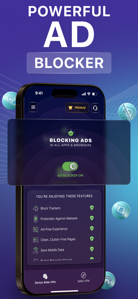 TOR Browser: VPN+Onion+Adblock - 스마트폰 화면에서 강력한 광고 차단 기능과 개인 정보 보호 이점을 강조하는 TOR 브라우저 앱의 스크린샷.