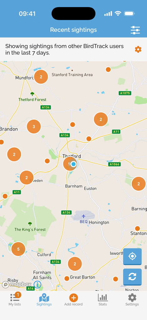 BirdTrack - BirdTrack app map view showing recent bird sightings from other users with numbered location markers
