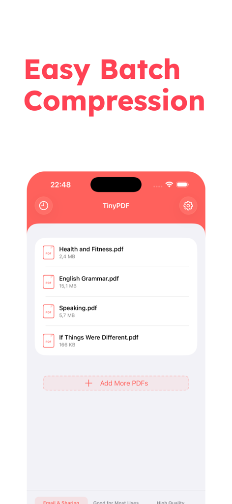 User interface of the TinyPDF app showing the batch compression feature with multiple PDF files selected for processing