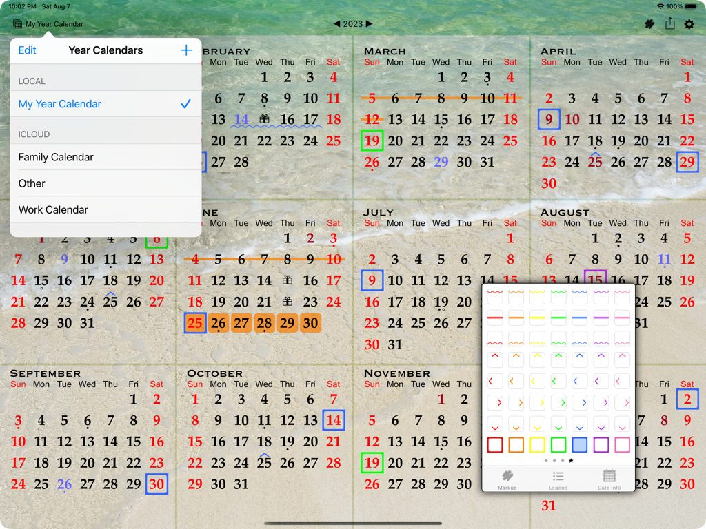 All-in-One Year Calendar Pro - A full-year calendar view on an iPad showing color-coded dates and a floating markup toolbox with various pen and highlighter styles.