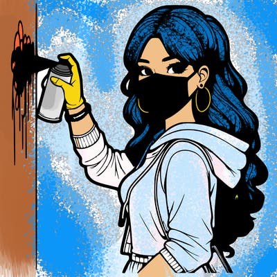 realistic girl with mask spray painting a wall