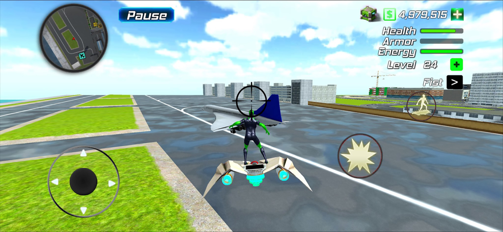 Amazing Rope Police - Un personaje superhéroe volando en una aerotabla sobre la pista de un aeropuerto