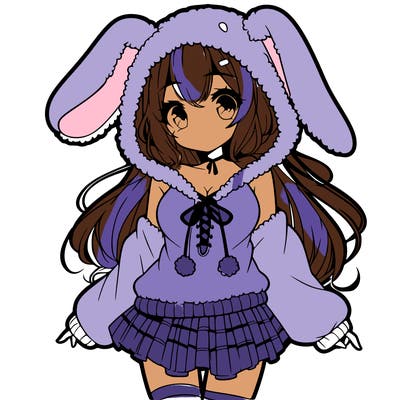 pretty anime girl wearing a fluffy hoodie with bunny ears on the hood and a skirt