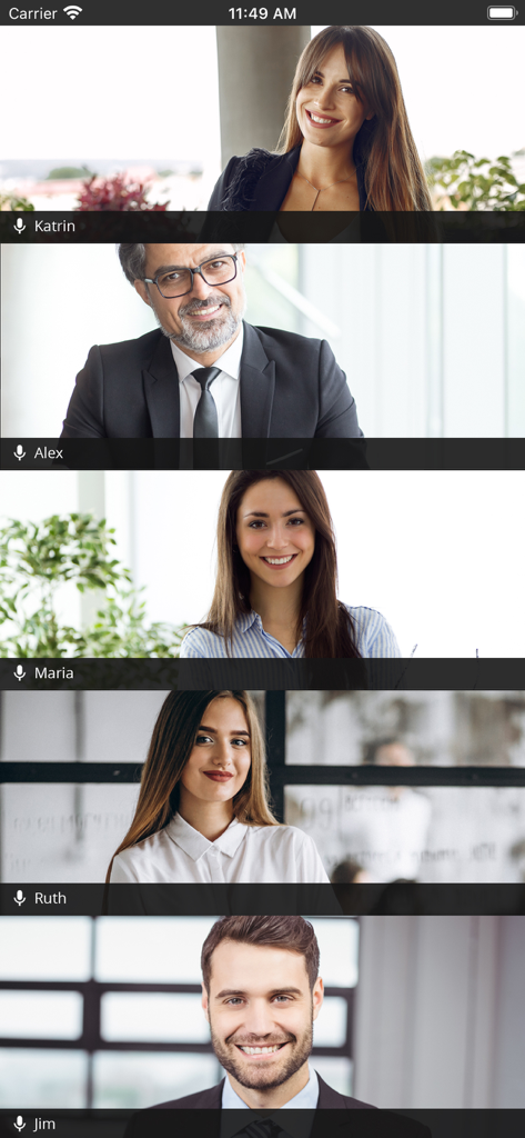 3CX Video Conference - Screenshot of the 3CX Video Conference app displaying multiple professional participants in a vertical grid during a mobile meeting.