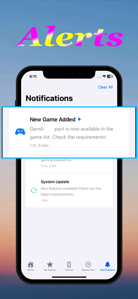 Notifications screen showing new game alerts and system updates in the GFX Tool app