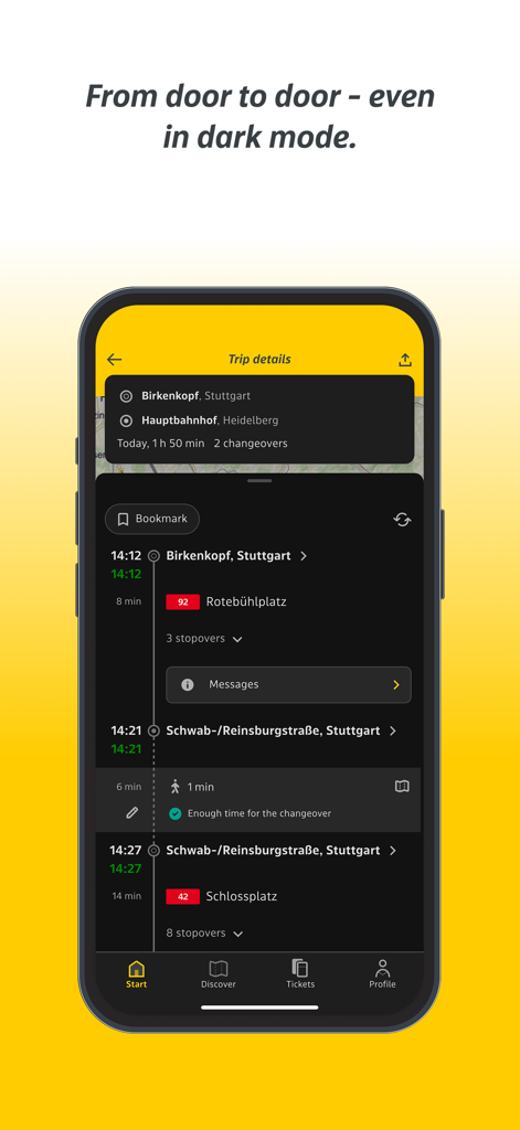 bwegt Bus & Bahn - Capture d'écran de l'application bwegt Bus & Bahn montrant les détails du voyage de Stuttgart à Heidelberg en mode sombre.
