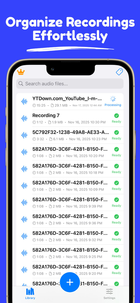 Transcribe Audio to Text: REVO - Organized list of audio recordings in the REVO transcription app