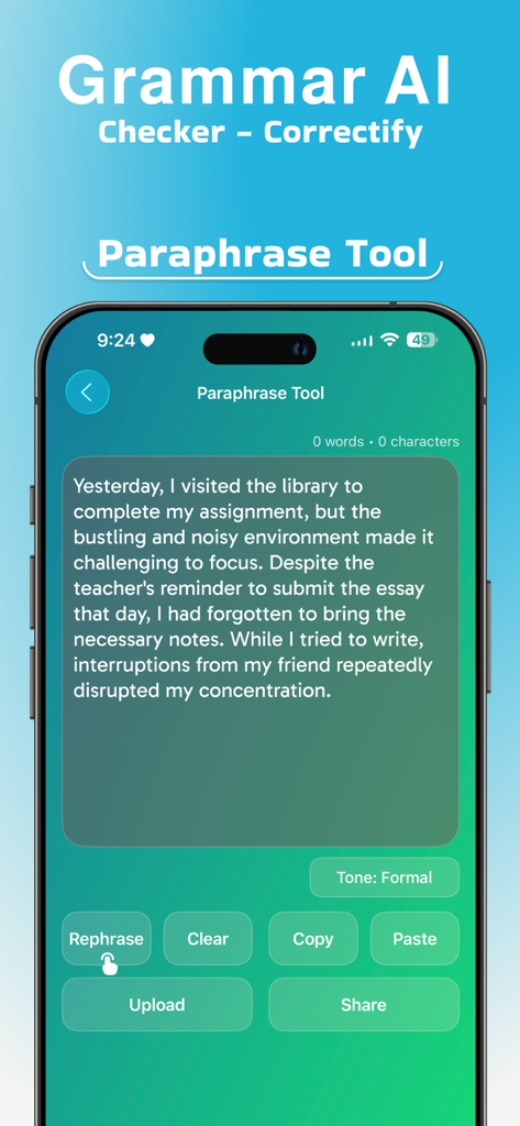 Grammar AI Checker-Correctify - Pantalla de la aplicación Correctify mostrando la herramienta de parafraseo IA para escritura académica y profesional