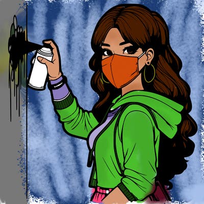 realistic girl with mask spray painting a wall