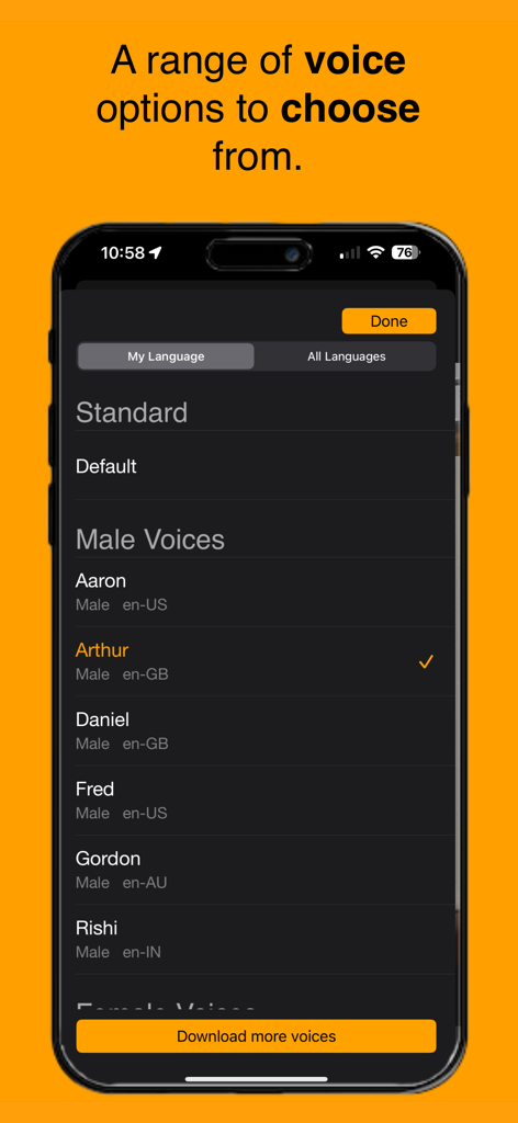 Page Reader - A menu in the Page Reader app displaying a list of available text to speech voices.