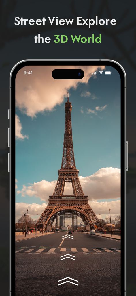 Vista de calle 3D de la Torre Eiffel en París con flechas de navegación