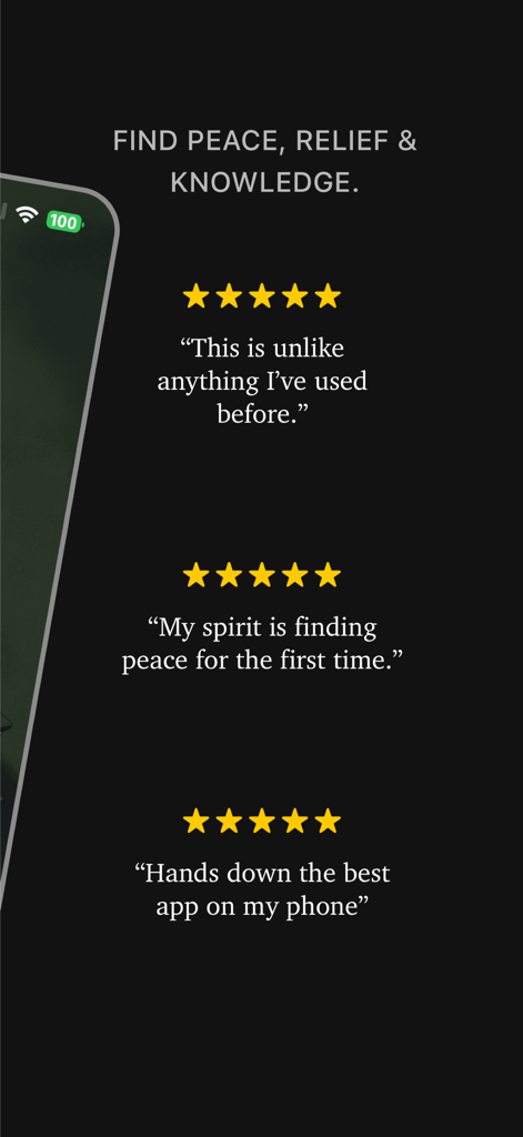 Three five-star user reviews for the Faith Video Bible app focusing on peace and spiritual growth.