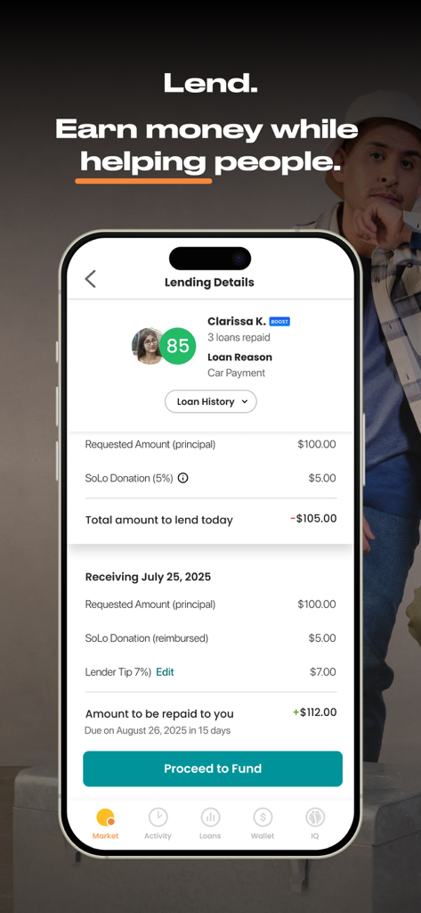 SoLo Funds app screen showing peer-to-peer lending details for a car payment request