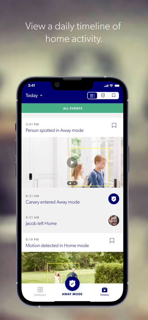 Canary - Smart Home Security - Smartphone-Bildschirm mit der Canary App Tagesaktivitäten-Timeline mit aufgezeichneten Ereignissen