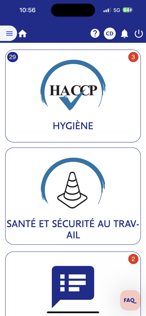 eEAT HACCP - Painel do aplicativo eEAT HACCP exibindo seções para higiene e segurança no local de trabalho